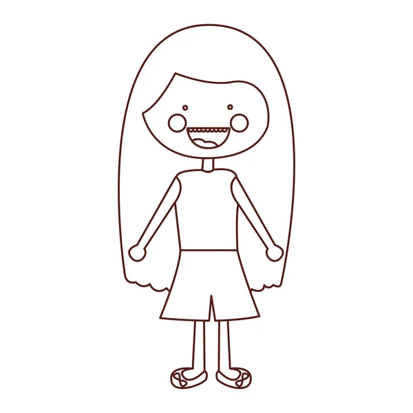 Schets contour glimlach expressie cartoon lange haren meisje met shirt en rok — Stockvector