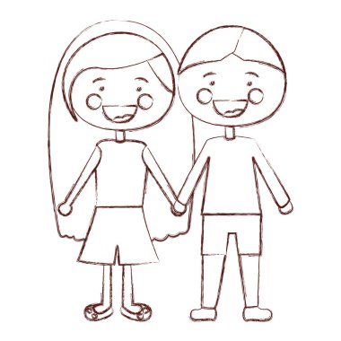 Kontur gölgelendirme gülümsemek ifade çizgi film çift çocuklar rahat kıyafetler alınan ellerle bulanık