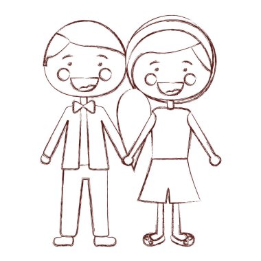 Kontur gölgelendirme gülümsemek ifade karikatür erkek saç ve kadın yan saç modeli ile alınan eller bulanık