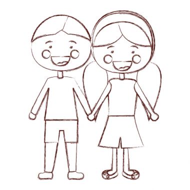 Kontur gölgelendirme gülümsemek ifade çizgi film çocuk saç ve kız at kuyruklu saç modeli ile alınan eller bulanık