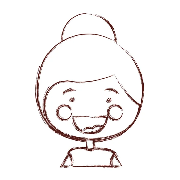 Contorno borrado sombreamento sorriso expressão desenho animado meio corpo mulher com penteado coletado — Vetor de Stock