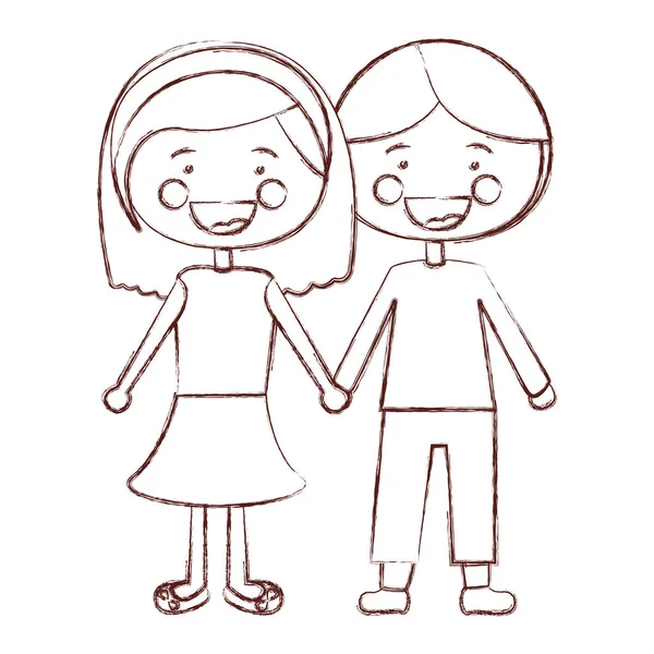 Borrosa contorno sombreado sonrisa expresión dibujos animados pareja en traje informal con las manos tomadas — Vector de stock