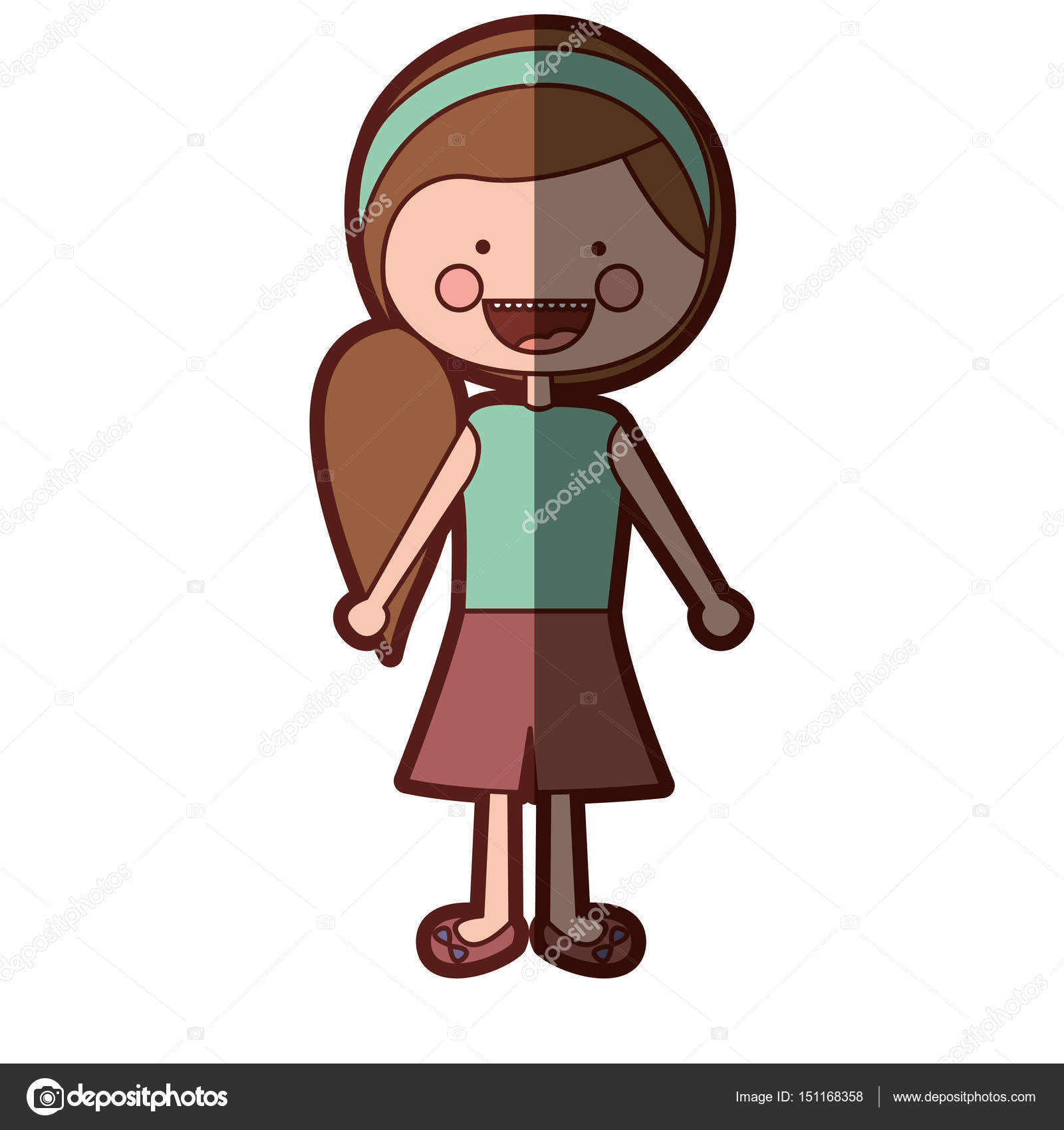 셔츠와 스커트 컬러 실루엣 음영 미소 식 만화 사이드 포니 테일 머리 소녀 스톡 벡터 - ©grgroupstock 151168358, image size:1600x1700