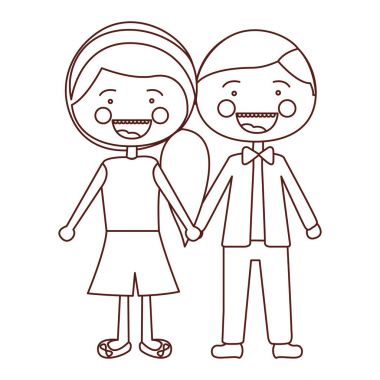 Kontur gülümsemek ifade karikatür erkek saç ve kadın yan saç modeli ile alınan eller kroki