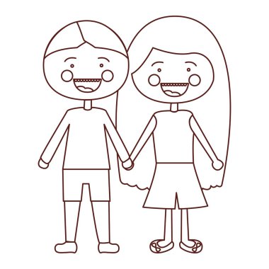 Kontur gülümsemek ifade çizgi film çift çocuklar alınan ellerle rahat kıyafetler içinde kroki