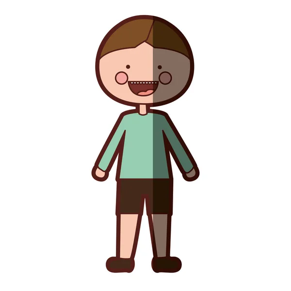 Kleur silhouet arcering glimlach expressie cartoon jongen met t-shirt en short — Stockvector