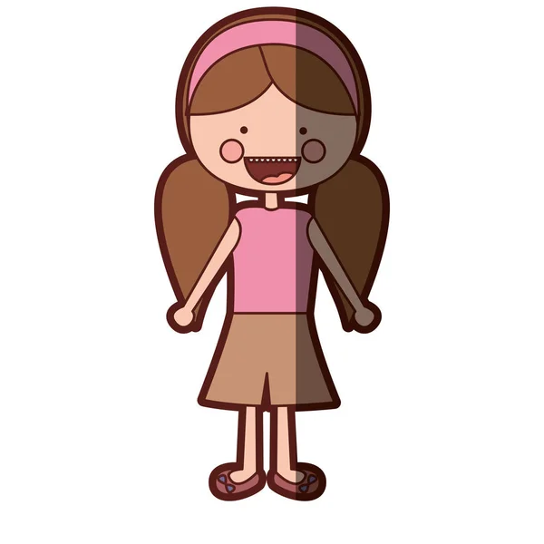 Χρώμα σκίασης χαμόγελο έκφραση γελοιογραφία βόστρυχοι μαλλιά κορίτσι silhouette με πουκάμισο και φούστα — Διανυσματικό Αρχείο