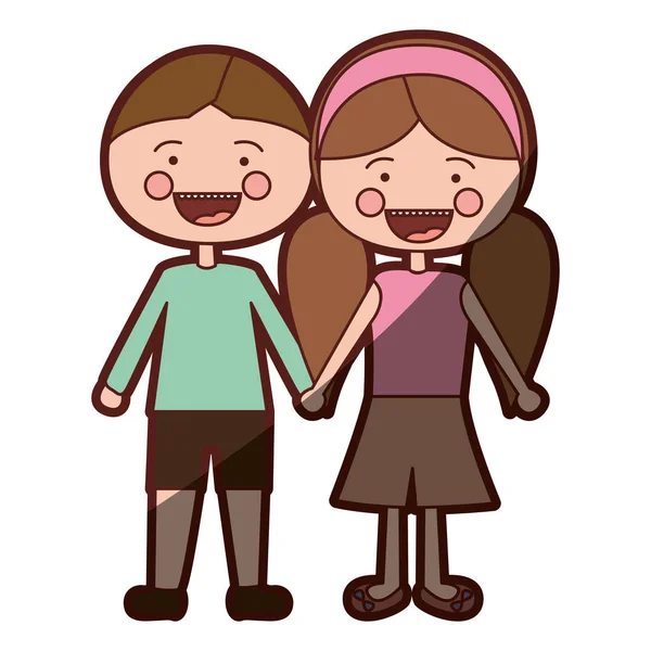 Цвет силуэт затенение улыбки выражение мультфильм коричневый мальчик волосы и девушка косички прическа с взятыми руками — стоковый вектор
