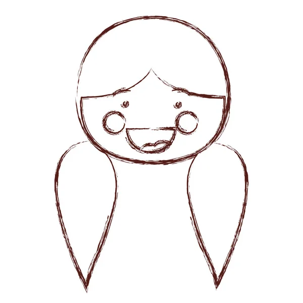 Contorno borrado sombreamento sorriso expressão desenho animado frente rosto menina com pigtail penteado —  Vetores de Stock