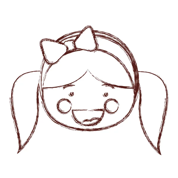 To niewyraźne kontur i cieniowanie uśmiech wyrażenie kreskówka przednia twarz dziewczyna z warkoczykami i łuk koronki włosów — Wektor stockowy