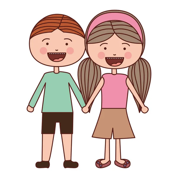 Color silueta sonrisa expresión dibujos animados marrón chico pelo y chica coletas peinado con las manos tomadas — Archivo Imágenes Vectoriales