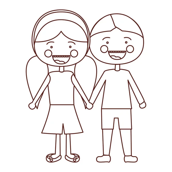 Skiss kontur leende uttryck tecknad pojke hår och flicka flätor frisyr med tagna händer — Stock vektor