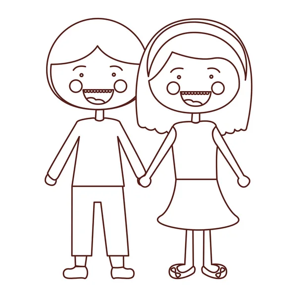 Skiss kontur leende uttryck cartoon par i kostym informella med tagna händer — Stock vektor