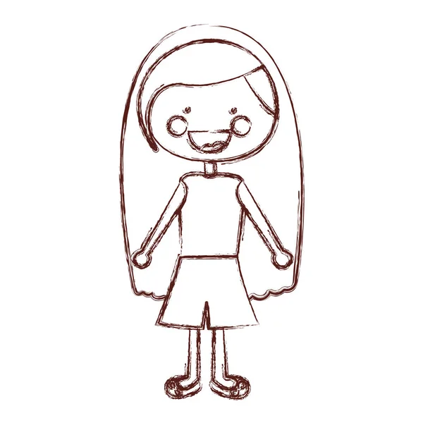 Contorno borrado expressão sorriso desenho animado menina cabelo longo com camisa e saia — Vetor de Stock
