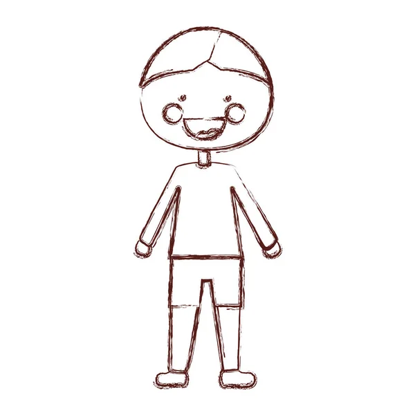 Contorno sfocato sorriso espressione cartone animato ragazzo con t-shirt e pantaloncini — Vettoriale Stock