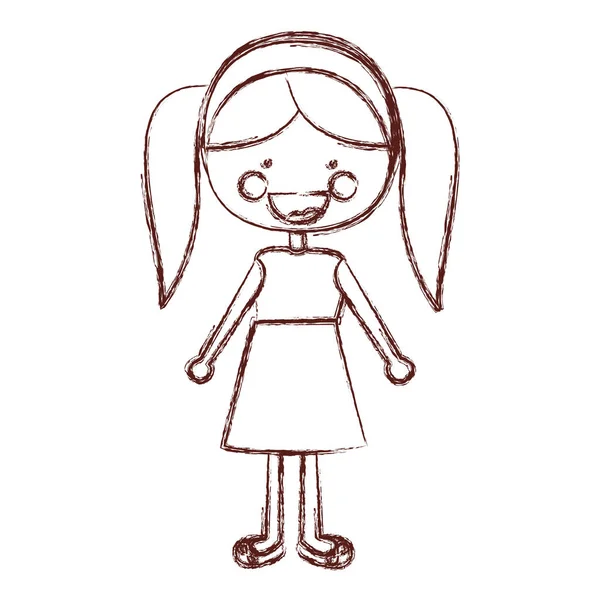 Contour flou sourire expression dessin animé pigtails cheveux fille avec robe — Image vectorielle