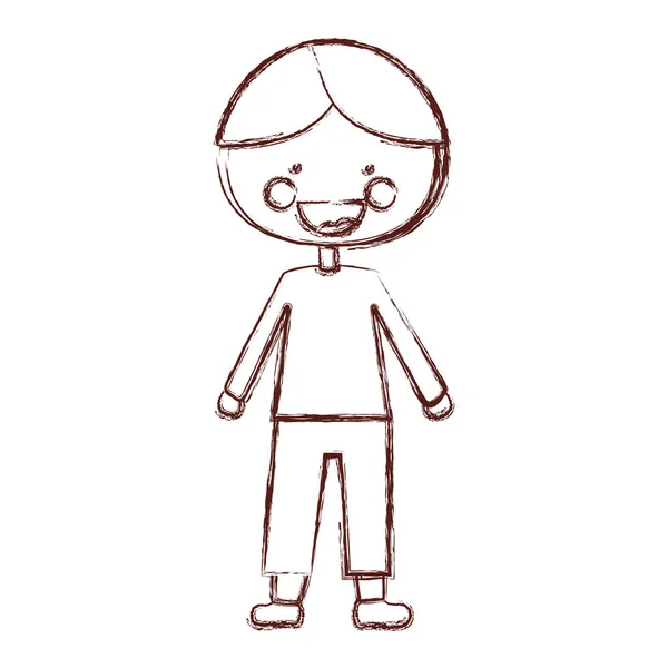 Contour flou sourire expression dessin animé gars avec manteau et short — Image vectorielle