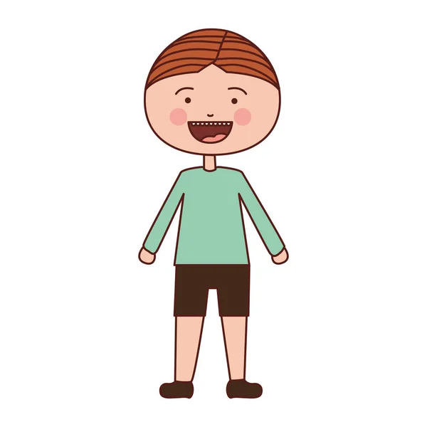 Warna siluet tersenyum ekspresi kartun anak dengan t-shirt dan celana pendek - Stok Vektor