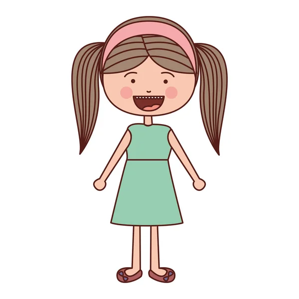 Cor silhueta sorriso expressão cartoon pigtails cabelo menina com vestido — Vetor de Stock