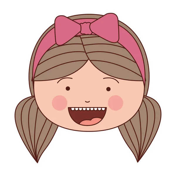 Cor silhueta sorriso expressão desenho animado frente rosto menina com tranças e laço cabelo — Vetor de Stock