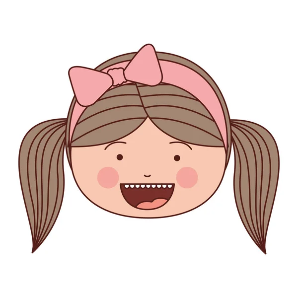 Kleur silhouet smile expressie cartoon voorzijde meisje met pigtails en roze boog lace haren — Stockvector