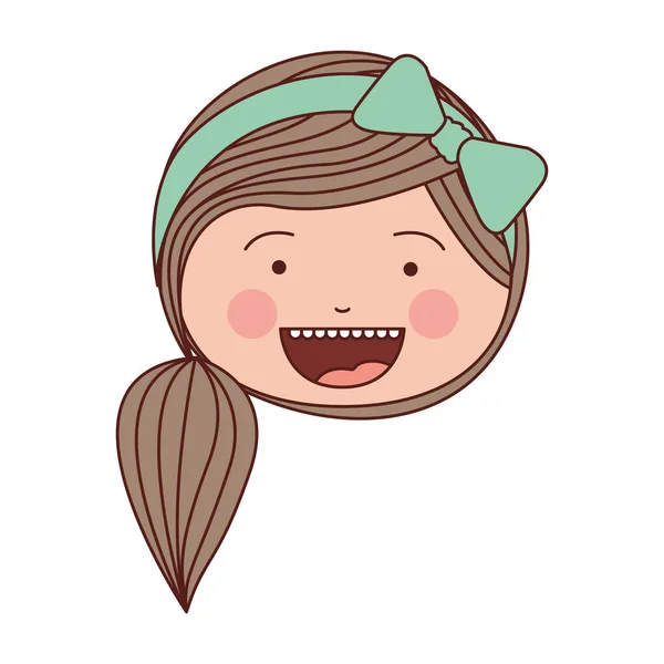 Färg siluett leende uttryck cartoon framsidan kvinna med sida hästsvans hår och båge spets — Stock vektor