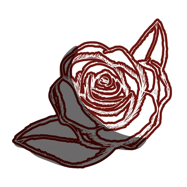Röd kontur av ros blomma med blad — Stock vektor