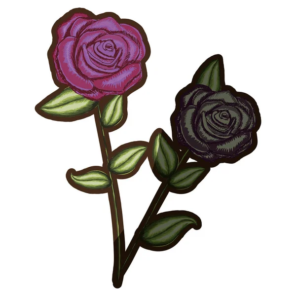 Pár reális virágos rózsa és Rózsa hervadt levelek és a szár — Stock Vector