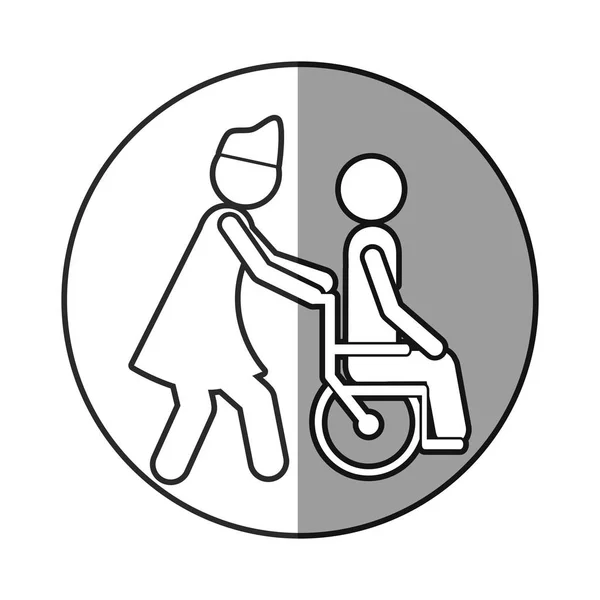 Sombreado marco circular con silueta enfermera ayudar a otra persona empujar una silla de ruedas — Vector de stock