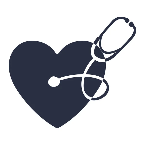 聴診器で心臓の暗い青シンボルと白い背景 — ストックベクタ
