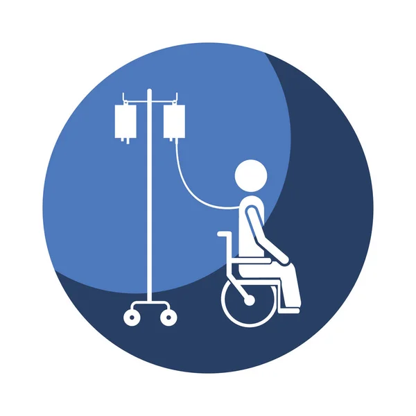 Kolor cieniowania okrągłej ramki z osoba piktogram w szpitalu na wózku inwalidzkim — Wektor stockowy