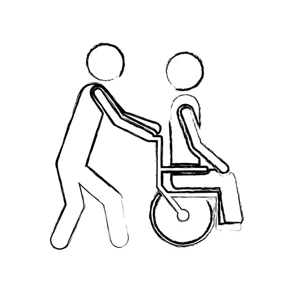 Silhouette floue personne aidant un autre pousser un fauteuil roulant — Image vectorielle