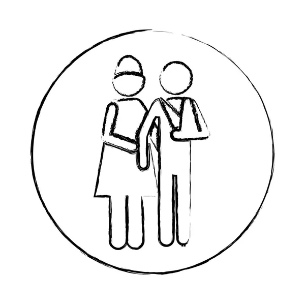 Wazig circulaire frame silhouet pictogram verpleegkundige met verbonden arm patiënt — Stockvector