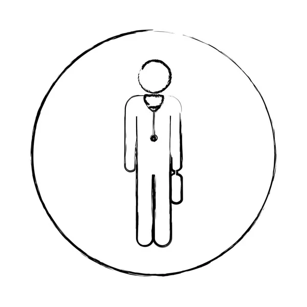 Cadre circulaire flou silhouette pictogramme médecin masculin avec stéthoscope et sac — Image vectorielle