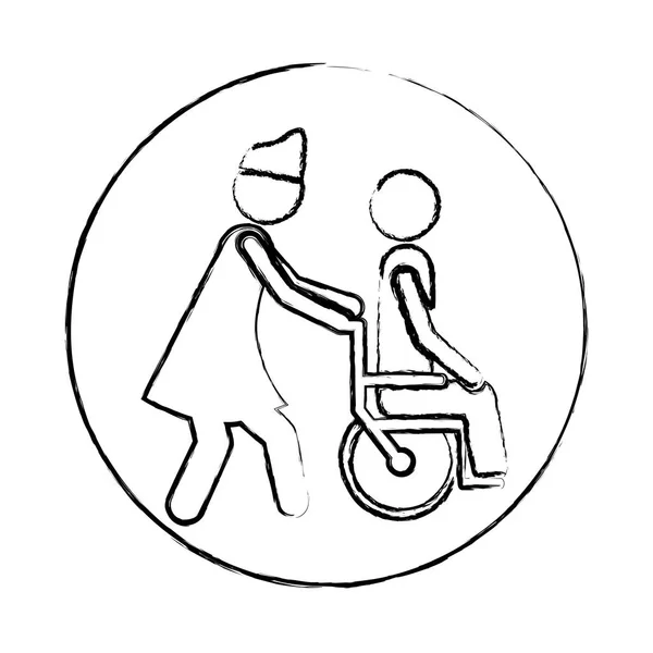 Infirmière floue silhouette cadre circulaire aidant une autre personne pousser un fauteuil roulant — Image vectorielle