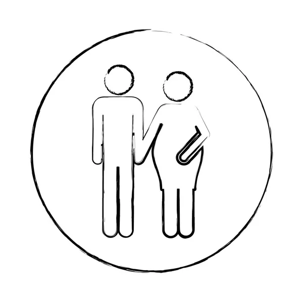 Desfocado circular quadro silhueta pictograma mulher grávida e homem — Vetor de Stock