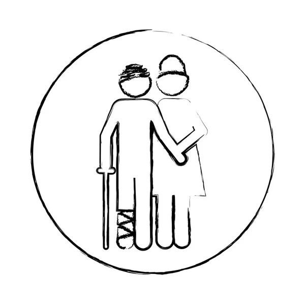 Wazig circulaire frame silhouet pictogram verpleegkundige met verbonden patiënt — Stockvector