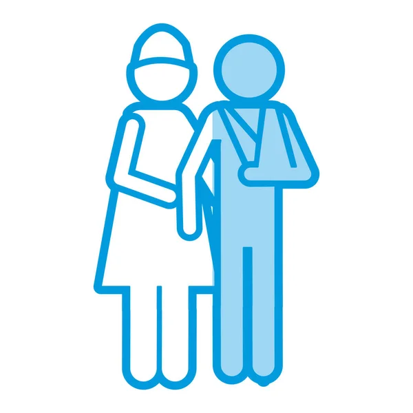 Bleu ombre silhouette pictogramme infirmière avec bandage bras patient — Image vectorielle