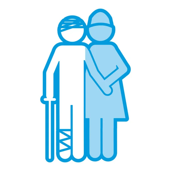 Blauwe arcering silhouet pictogram verpleegkundige met verbonden patiënt — Stockvector