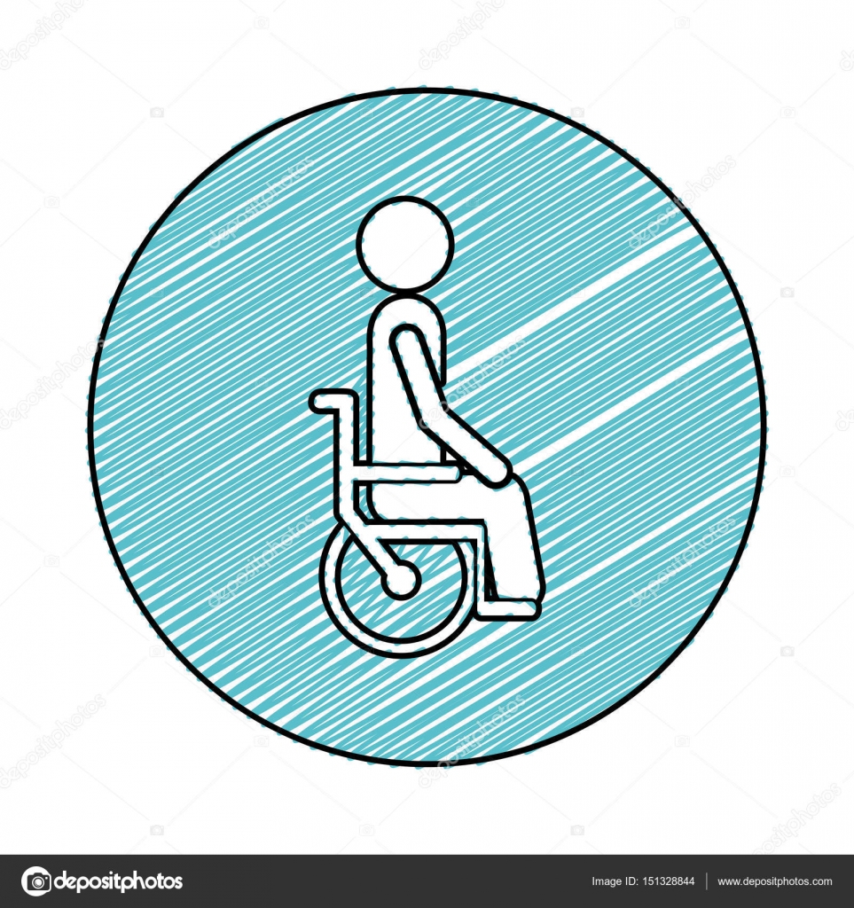 Matita di colore disegno cornice circolare della persona seduta in icona piana di sedia a rotelle