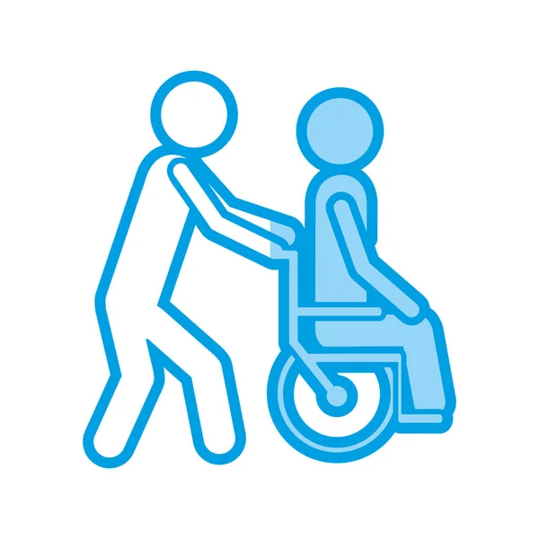 Blu ombreggiatura silhouette con persona aiutare un altro spingere una sedia a rotelle — Vettoriale Stock