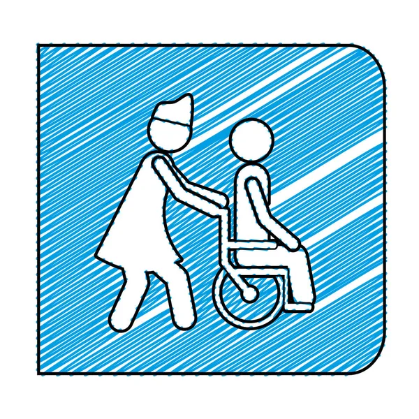 Couleur crayon dessin cadre carré avec infirmière aidant à la personne en fauteuil roulant — Image vectorielle