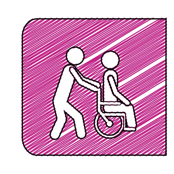 Farbstift-Zeichnung quadratischer Rahmen mit Person, die einem anderen hilft, einen Rollstuhl zu schieben — Stockvektor