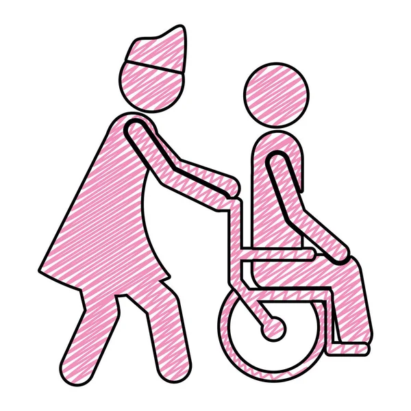 Kleur potlood tekening van verpleegkundige helpen van een ander persoon duwen van een rolstoel — Stockvector