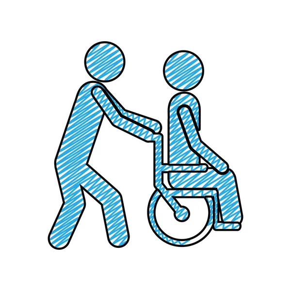 Dessin au crayon couleur de la personne aidant un autre pousser un fauteuil roulant — Image vectorielle