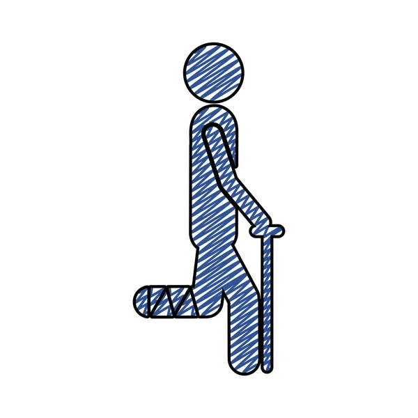 Dibujo a lápiz de color de pictograma pierna vendada paciente icono plano — Vector de stock