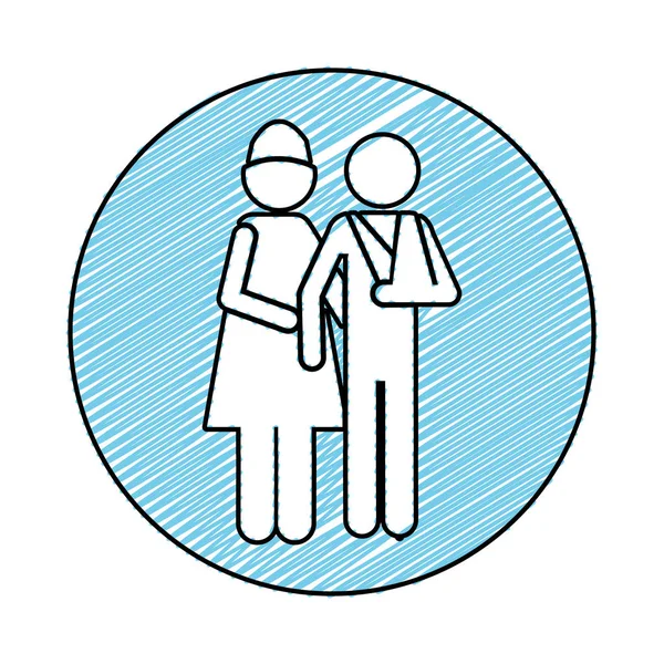 Dessin au crayon de couleur cadre circulaire de l'infirmière pictogramme avec patient bras bandé — Image vectorielle