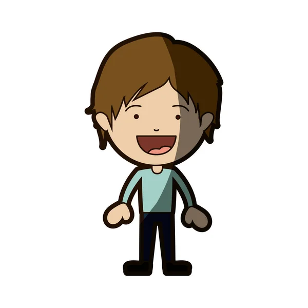 Sylwetka koloru uśmiechnięty chłopiec stojący z krótkimi włosami i nieformalne ubrania z pół cień — Wektor stockowy