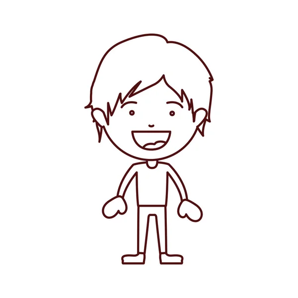 Коричневый контур улыбающегося мальчика, стоящего с короткими волосами и неформальной одеждой — стоковый вектор