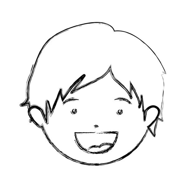 Contorno de desenho mão monocromático de cara de menino sorridente com cabelo curto — Vetor de Stock